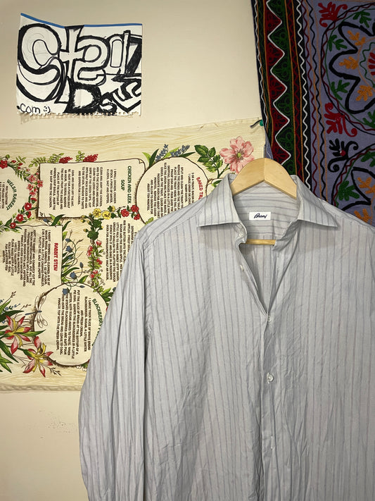 Brioni Shirt Men 39 15.5 Gray White Striped Dress French Cuff Italy
