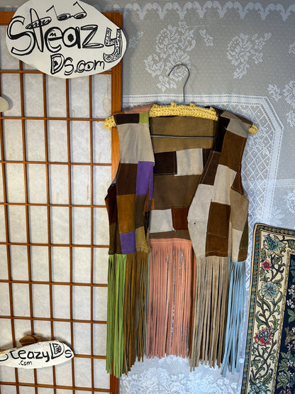 Vintage Suede Leather Patchwork Fringe Vest Small Handmade