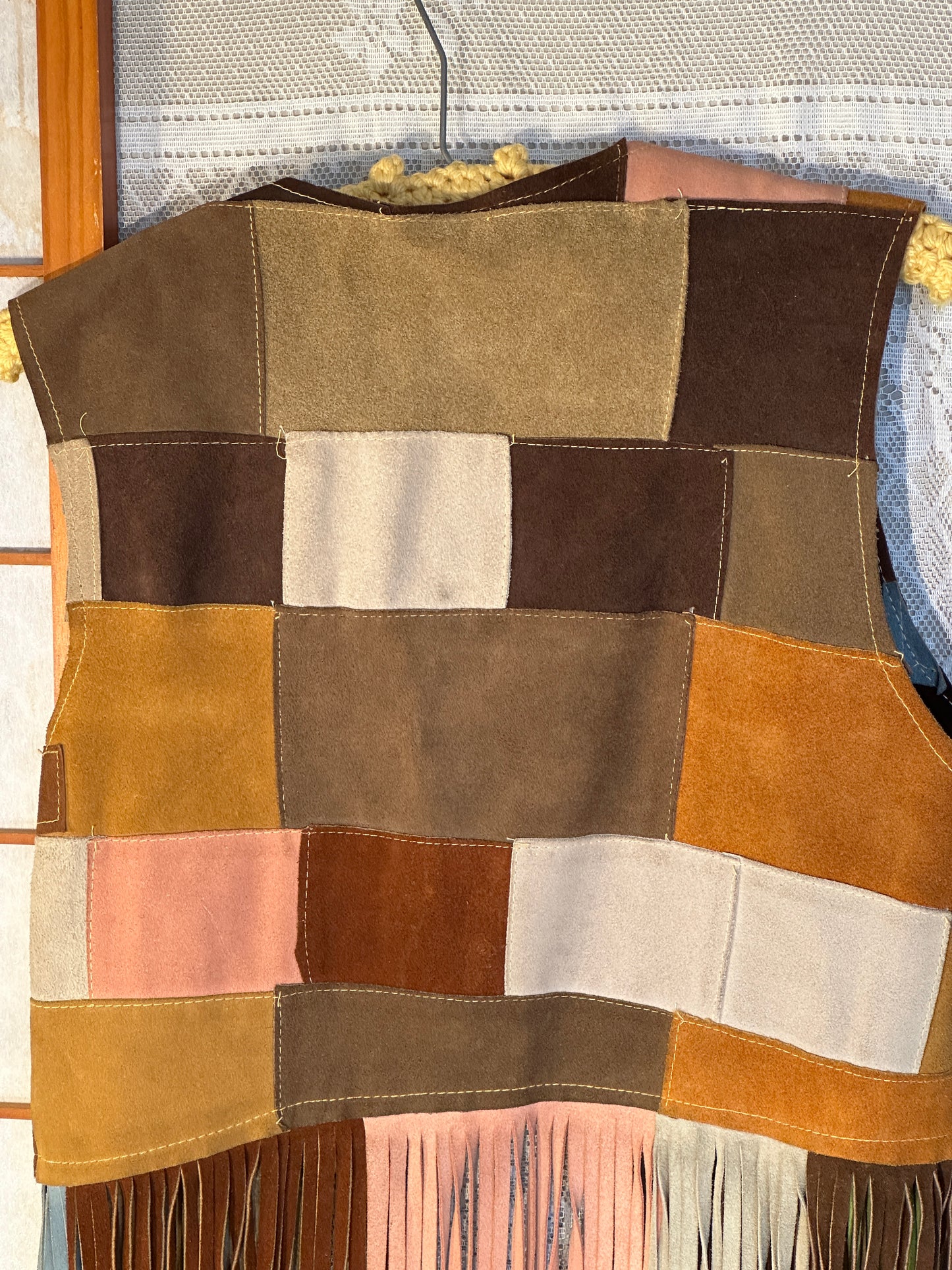 Vintage Suede Leather Patchwork Fringe Vest Small Handmade