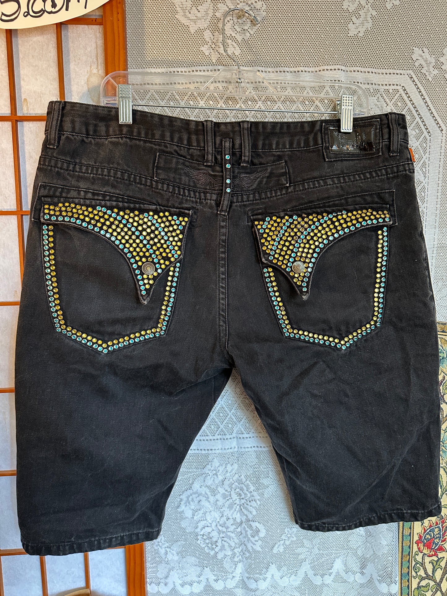 Robins Jean Jorts Studded Double Flap Pockets 38 Black USA
