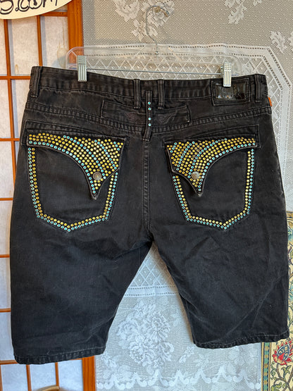 Robins Jean Jorts Studded Double Flap Pockets 38 Black USA