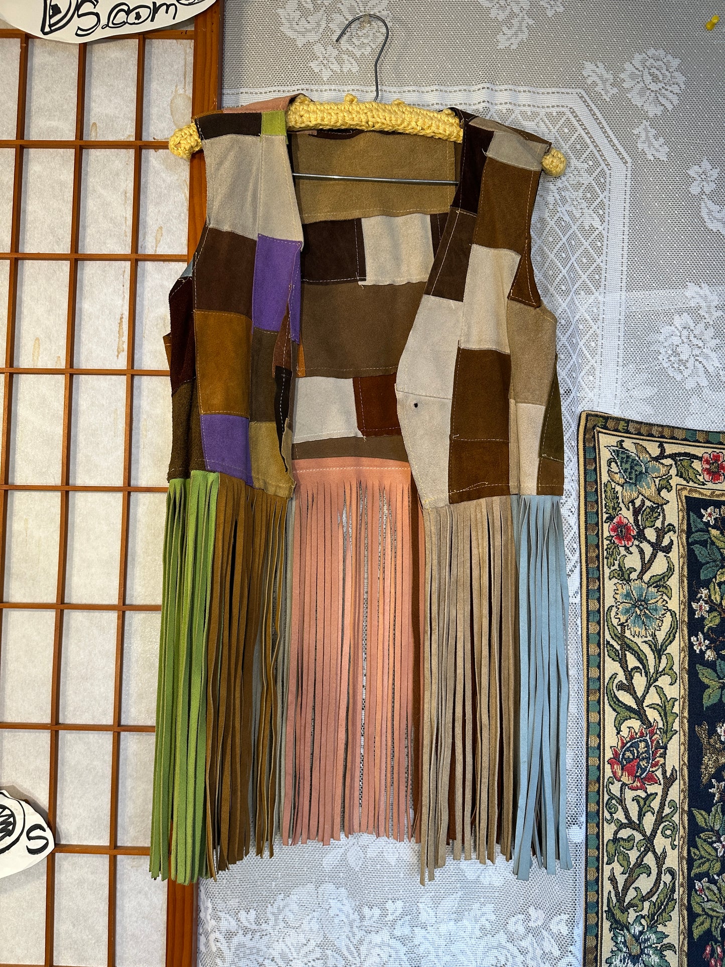 Vintage Suede Leather Patchwork Fringe Vest Small Handmade