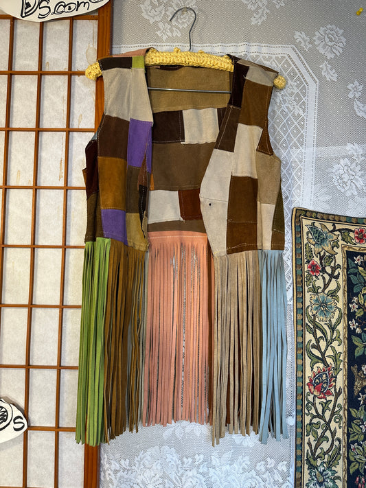 Vintage Suede Leather Patchwork Fringe Vest Small Handmade