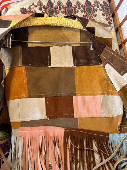 Vintage Suede Leather Patchwork Fringe Vest Small Handmade