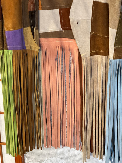 Vintage Suede Leather Patchwork Fringe Vest Small Handmade