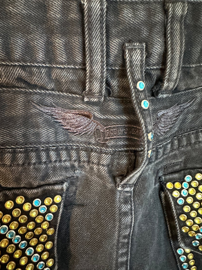 Robins Jean Jorts Studded Double Flap Pockets 38 Black USA