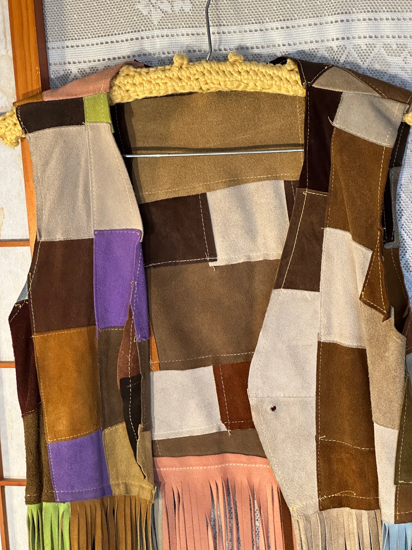 Vintage Suede Leather Patchwork Fringe Vest Small Handmade