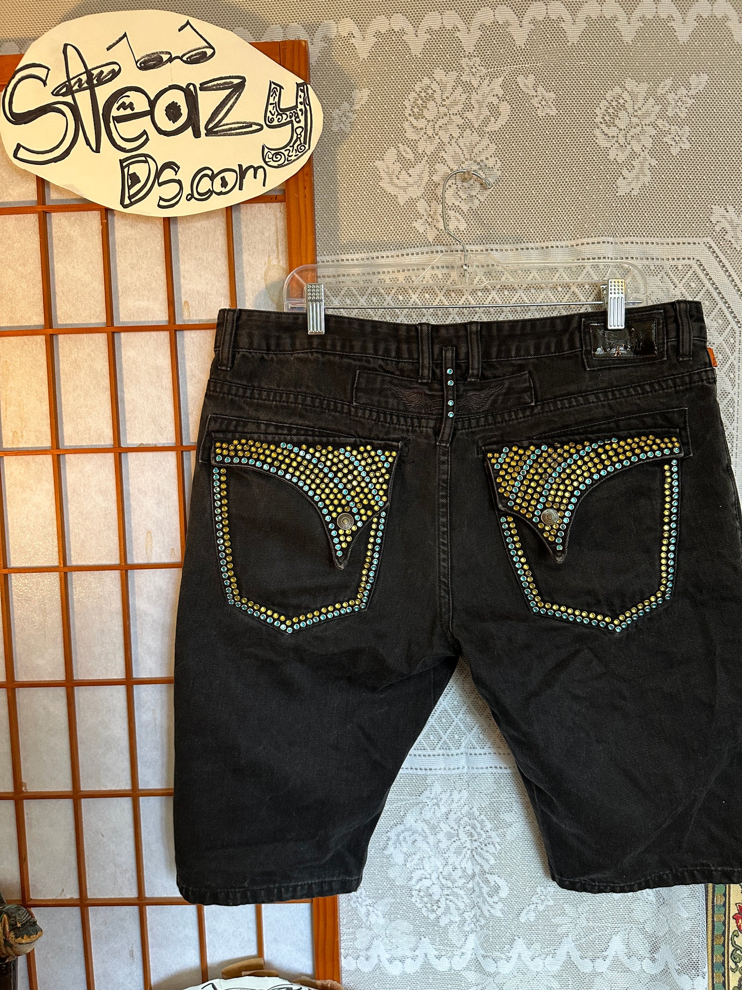 Robins Jean Jorts Studded Double Flap Pockets 38 Black USA