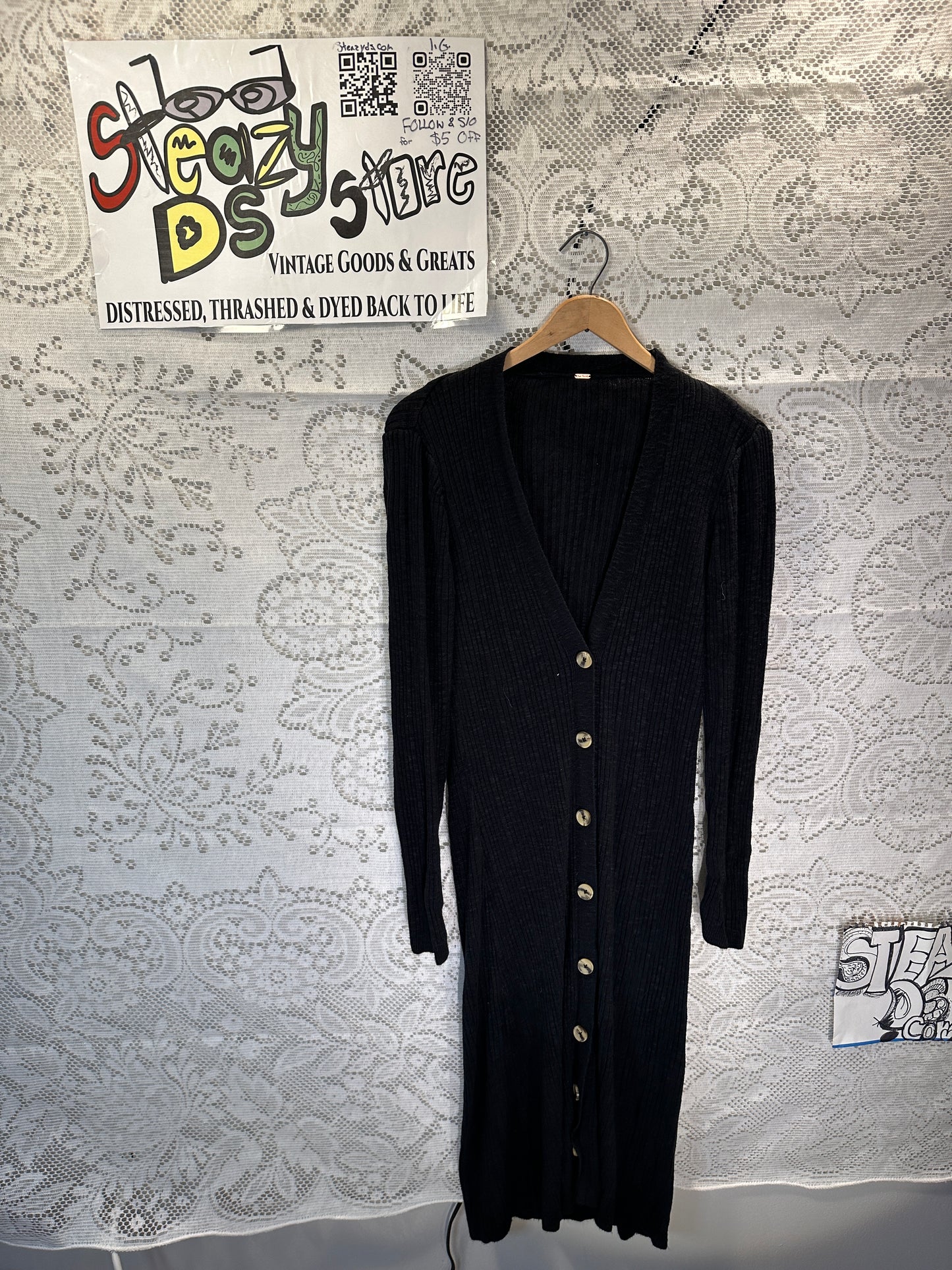 Free People Long Cardigan Duster Sweater Small Black Button