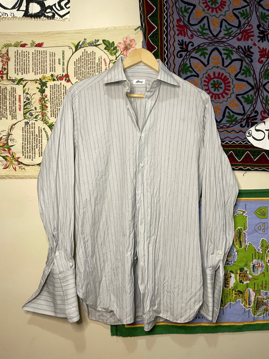 Brioni Shirt Men 39 15.5 Gray White Striped Dress French Cuff Italy