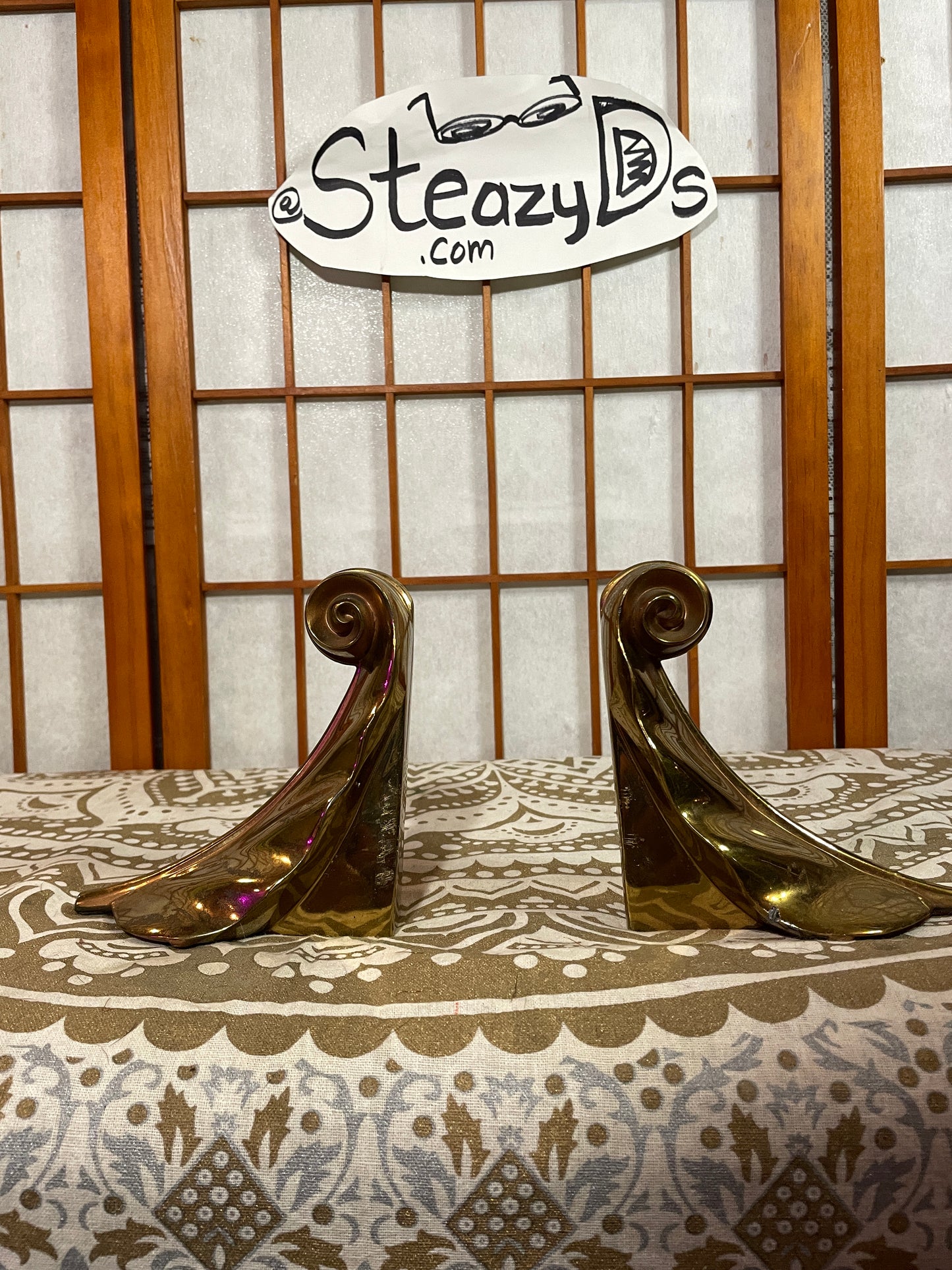 Vintage Scroll Feather Bookends Brass